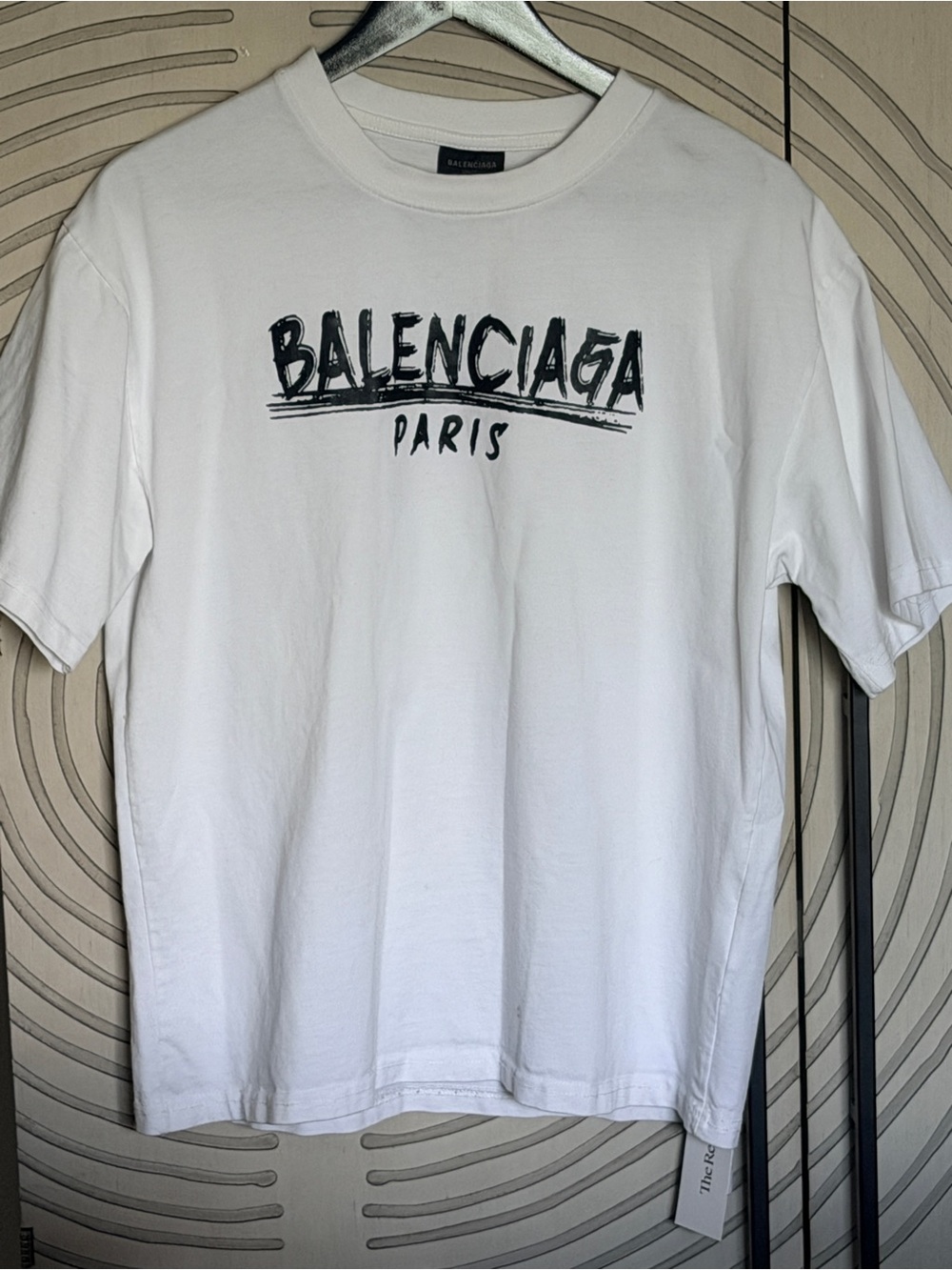 Balenciaga White Short Sleeve Logo Tee with Black Sketch Graphic